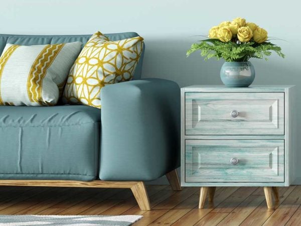 Interior of living room with blue sofa and chest 3d rendering