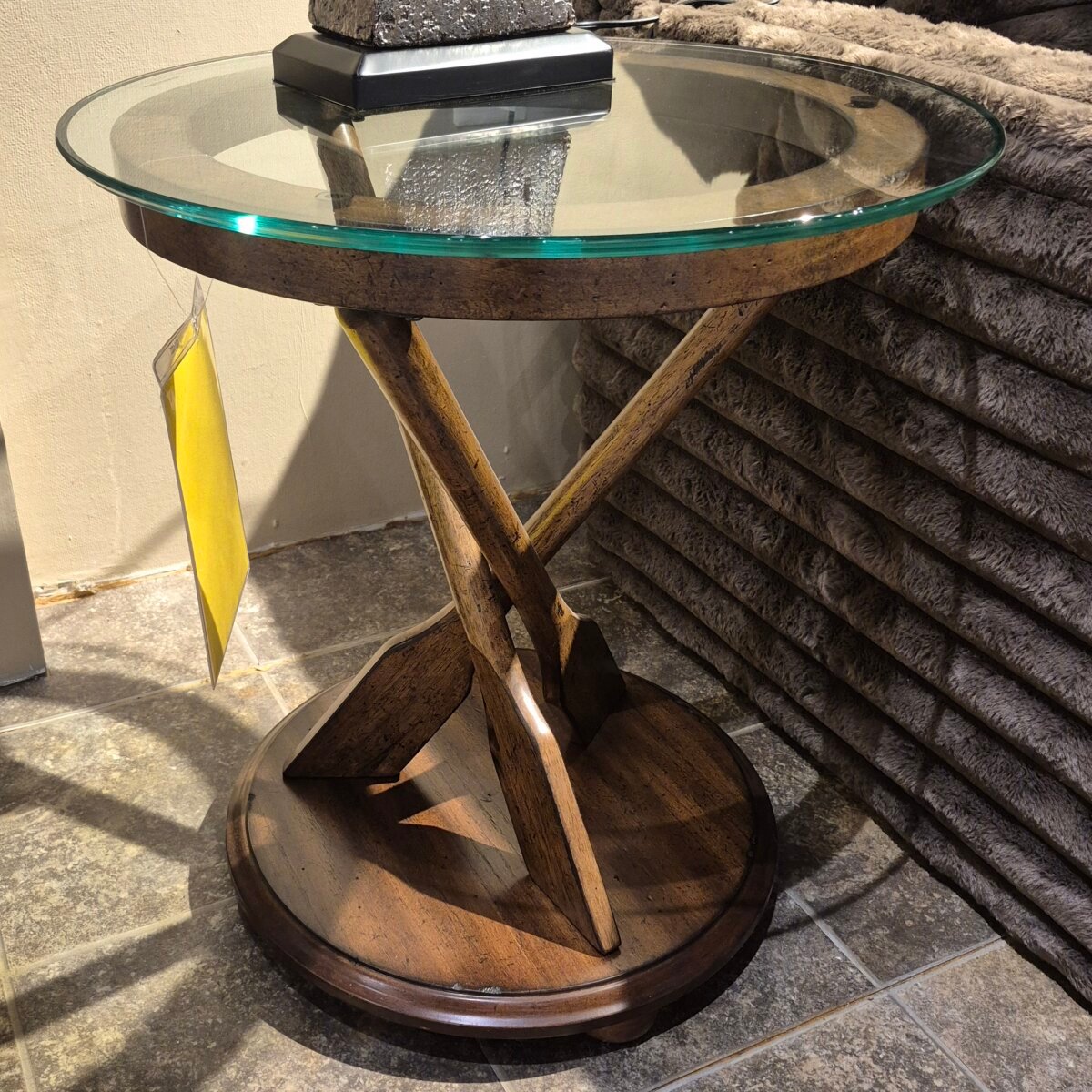 Glass Top Round End Table With Oar Shaped Base - Image 1