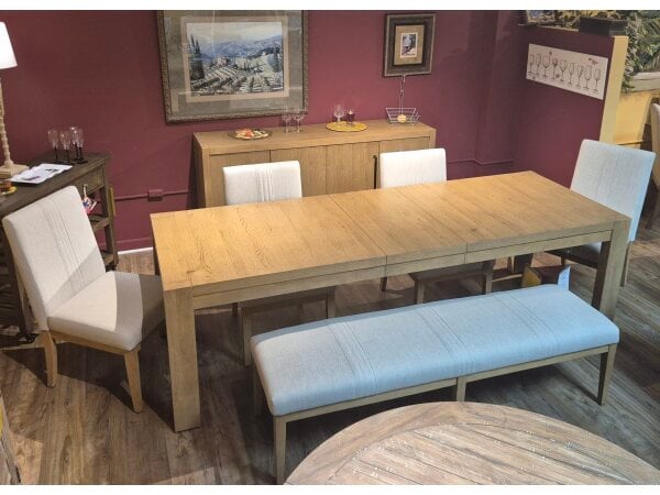 6 Piece Set: Rectangular Table, Upholstered Bench & 4 Upholstered Chairs