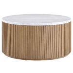 Colvin, 36″ Round White Marble Top Cocktail Table, Castered, Toffee - Image 4