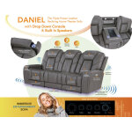 Daniel Triple Power Home Theater Leather Reclining Sofa With Drop-down Control Console, Built-in Speakers & Vibration, Heat, And Massage - Image 3