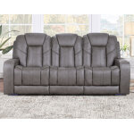 Daniel Triple Power Home Theater Leather Reclining Sofa With Drop-down Control Console, Built-in Speakers & Vibration, Heat, And Massage