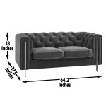 Charlene Gray Velvet Button Tufted Rolled Arm Chesterfield Loveseat - Image 3