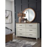 Vista Bedroom - Vista 6 Drawer Dresser and Vista Round Mirror in Hickory and Shell - BD140-1550RD