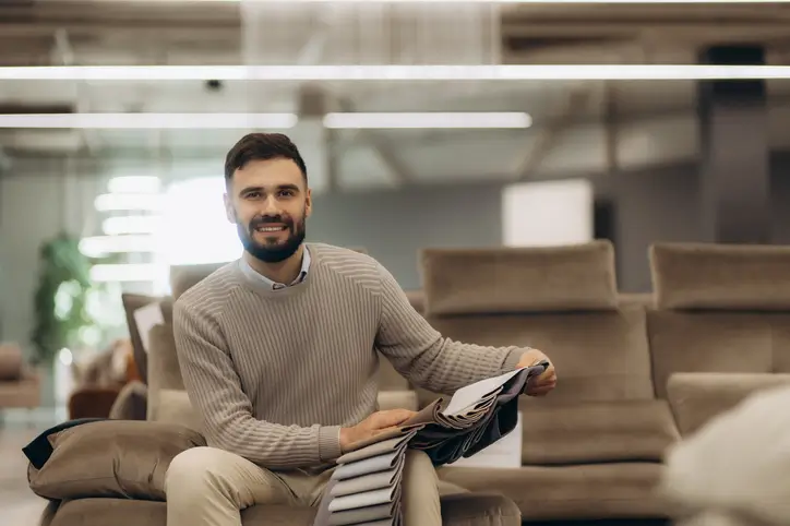 man with custom upholstery options in hand.